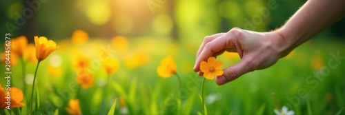 A slender hand touches bright blooms in a verdant field , botany, close-up, serene