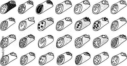 Black and White Line Art Food Illustration: Seamless Pattern of Italian Cannoli Pastries with Various Fillings and Toppings, Delicious Dessert Doodle