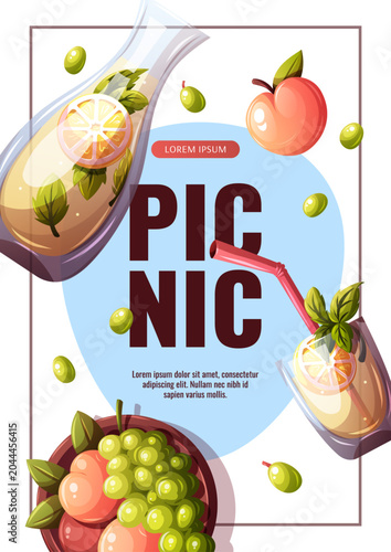 Flyer design with fresh lemonade and fruits. Picnic time, summer weekend, food and drink concept. Vector illustration for banner, poster, promo, sale, advertising.