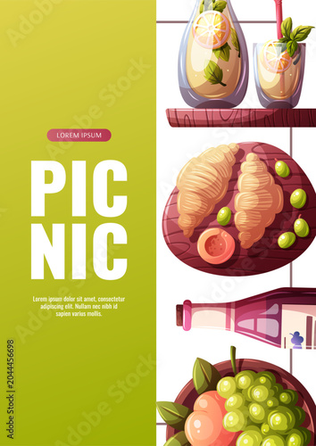 Flyer design with fruits, croissants, wine bottle and fresh lemonade. Picnic time, outdoor recreation, summer weekend, food and drink concept. Vector illustration for banner, poster, promo, sale, adve