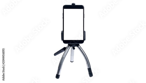 Mobile Phone Mockup on Small Tripod Stand Isolated on Clean Background for Content Creation, Video Recording and Social Media Presentation