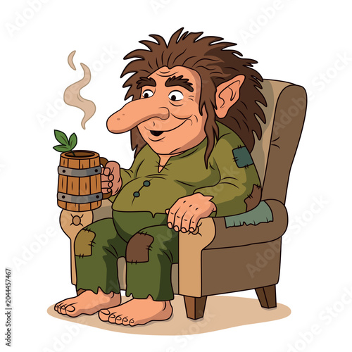 Photos A kind Scandinavian troll is sitting in a comfortable chair, drinking tea from a wooden mug