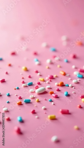 Dense, vibrant sprinkles scatter across pastel pink , dessert, decoration