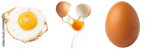 Obraz na płótnie A fried egg, a cracked egg with yolk spilling, and a whole brown egg on a transp