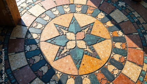 Geometric stone slab floor, intricate mosaic design, interior, tile