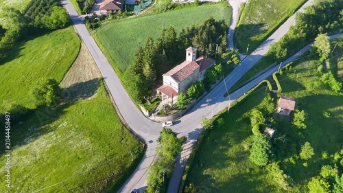Aerial View of a Rural Church and Road in Piedmont Italy