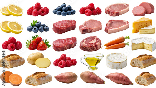 Assortment of fresh food items including fruits vegetables meats cheese bread, and oil