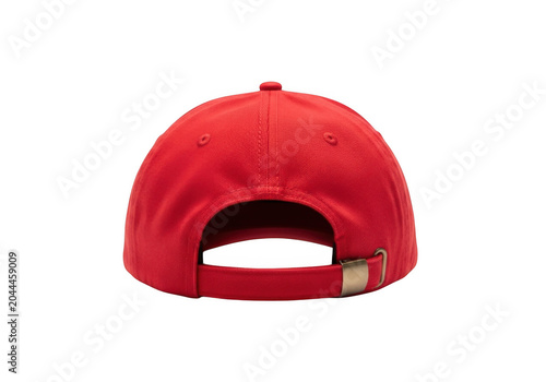 A vibrant red baseball cap viewed from the back, featuring a fabric strap and a metallic gold-toned adjustable buckle closure on a black