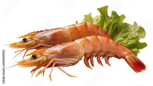 Photos Two cooked prawns with lettuce leaves