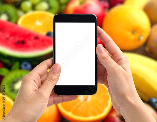 Smartphone Capturing Fresh Fruits on Bright Background, Concept of Food Photography, Social Media Content Creation and Modern Digital Lifestyle