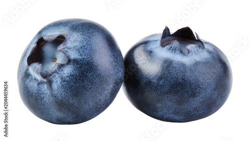 Foto Two ripe blueberries with visible bloom and calyx