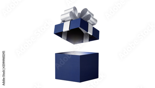 Open blue gift box with silver ribbon