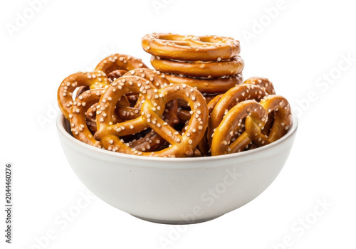 A white ceramic bowl filled with crunchy, golden-brown salted pretzels against a solid black background