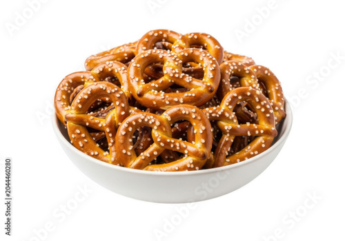 A white ceramic bowl filled with crunchy, golden-brown salted pretzels, isolated against a solid black background