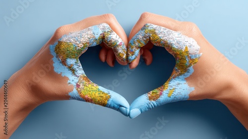 Hands forming heart shape with world map, symbolizing global love, care, environment, unity, planet peace, and protection