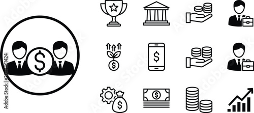 Tableau sur toile Business finance line icons set with businessman money dollar coin bank profit g