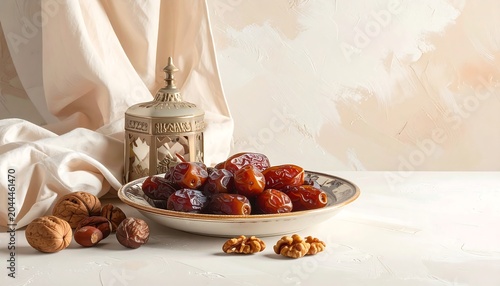 Traditional Festive Display with Dates and Mixed Nuts on Soft Neutral Backdrop, Cultural Hospitality Concept with Healthy Natural Food Arrangement