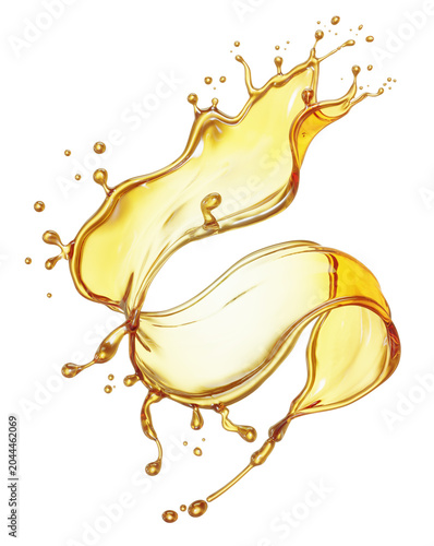 Golden oil splash isolated on white background. 3D illustration of premium luxury cosmetic liquid serum or gold essential oil.
