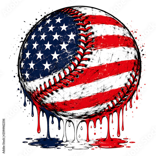 Patriotic Baseball with American Flag Design and Dripping Paint Illustration