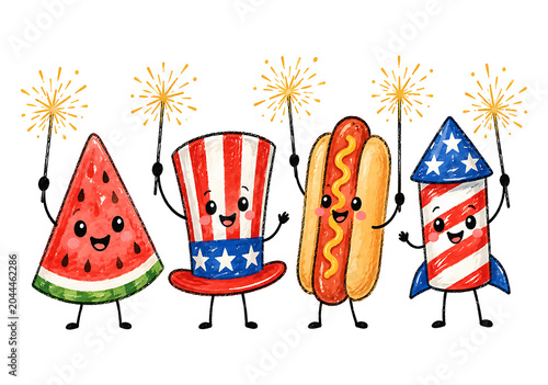 Cute Patriotic Watercolor Characters with Sparklers Independence Day Illustration