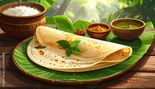 Traditional South Indian Dosa Served with Chutney and Sambar on Natural Banana Leaf Backdrop, Authentic Vegetarian Breakfast Presentation