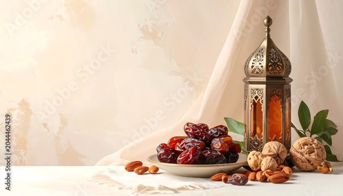 Traditional Festive Display with Dates and Mixed Nuts on Soft Neutral Backdrop, Cultural Hospitality Concept with Healthy Natural Food Arrangement