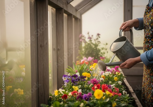 Gardener watering colorful flowers in greenhouse with vintage watering can, nurturing growth with care