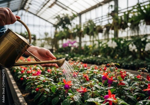 Gardener watering vibrant fuchsia flowers in a sunlit greenhouse, close-up on water droplets