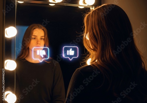 Woman's Reflection in Mirror with Social Media Icons, Personal Growth and Self-Esteem