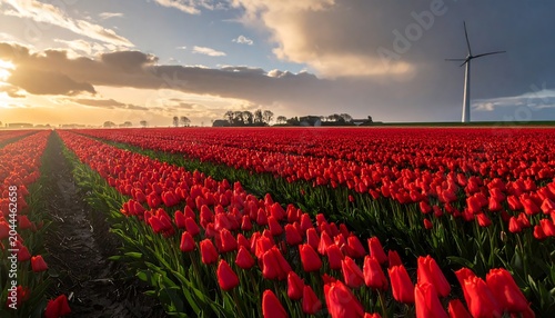 A serene landscape of vibrant red tulips stretching towards a wind turbine under a cloudy sky at sunset