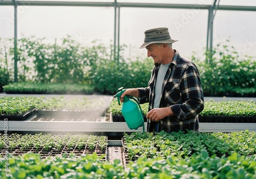 Elderly Gardener Watering Seedlings in Greenhouse with Natural Light