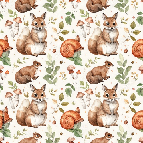 Whimsical forest creatures and plants on cream background