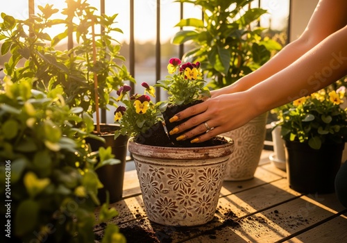 Hands planting pansies in decorative pot on sunlit balcony, golden hour gardening