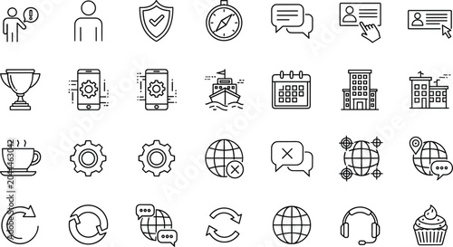 Corporate business logistics and customer support line icon set for global network communication website development and digital management