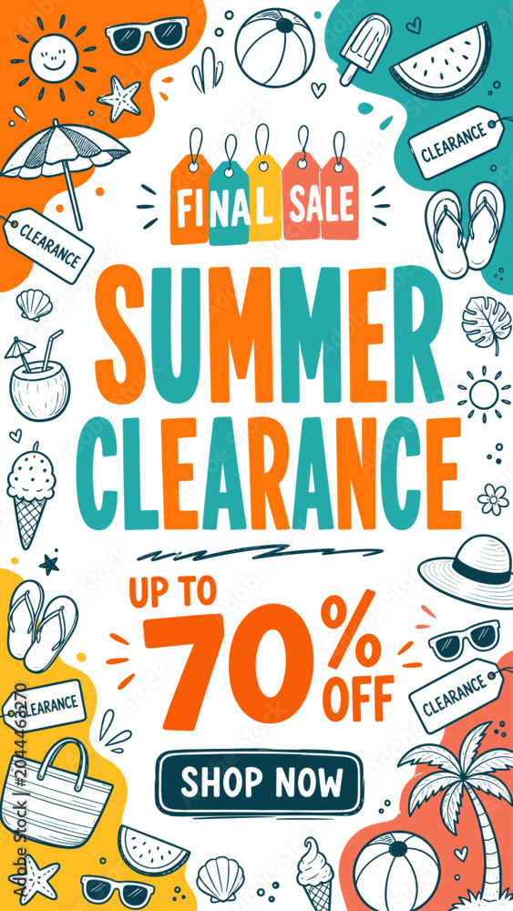Fototapeta premium Summer Clearance Sale Up To 70% Off With Fun Beach Icons