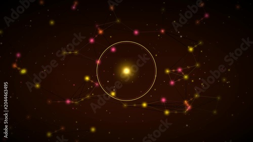 Molecular neural network. Abstract futuristic network nodes. Artificial Intelligence. Connection glowing lines and particle. Digital science and tech. Connected dots and lines on dark blue background