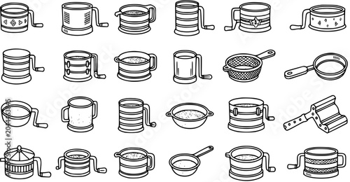Photos Set of Black and White Line Art Icons: Kitchen Flour Sifters, Food Mills, and St