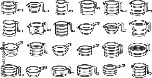 Fotografía Black and White Outline Line Art Icons Set of Flour Sifters and Baking Kitchen Utensils for Food Preparation and Cooking Industry