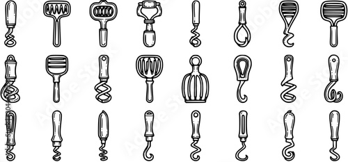 Fotografie Black and White Line Art Collection of Vintage Kitchen Tools and Utensils