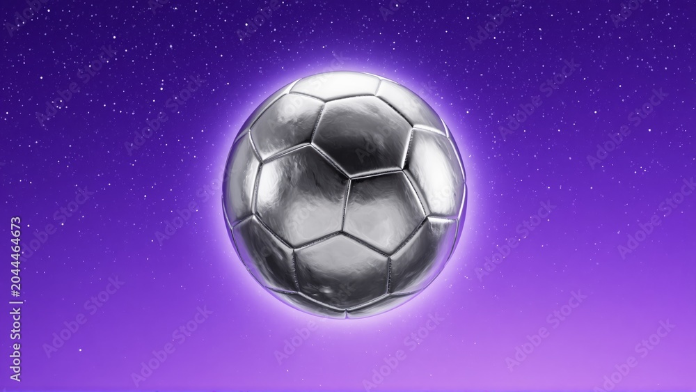 Naklejka premium Metallic soccer ball floating in purple starry space