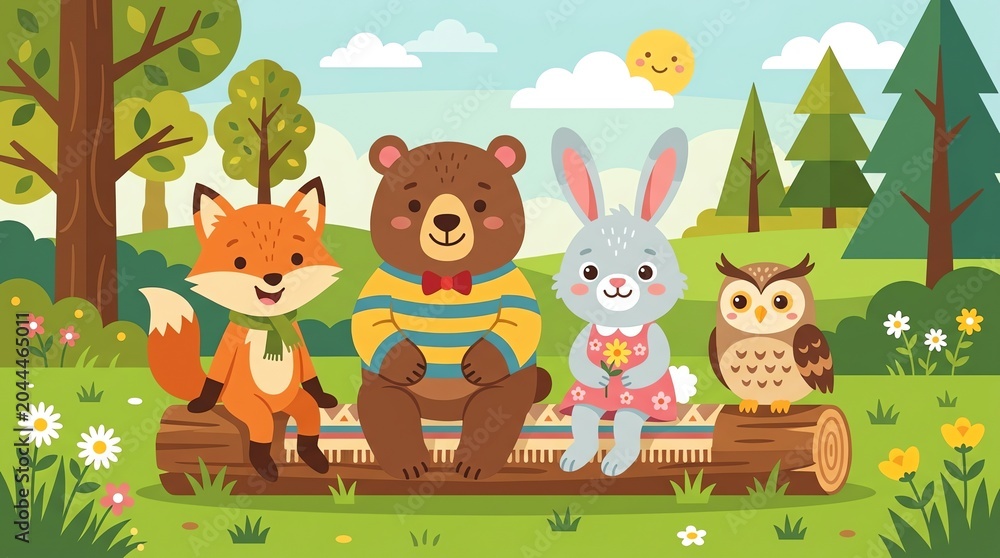 Naklejka premium Cute Animal Family Sitting on a Log in a Forest Scene.