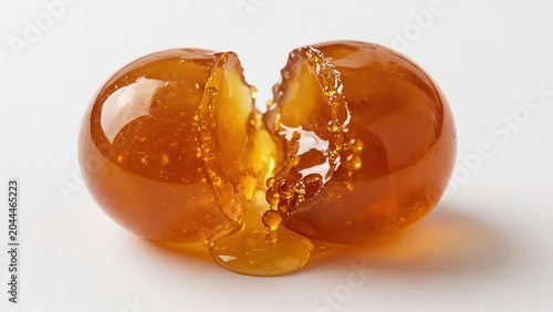 Glossy amber gelatinous sphere split open