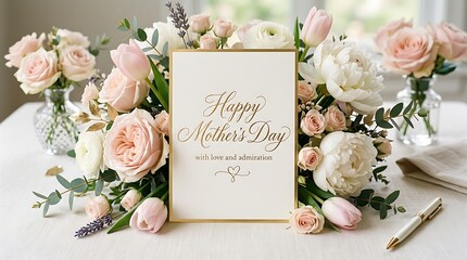 A woman wearing a linen dress standing next to a beautiful floral arrangement with roses and a Mother's Day card on a table