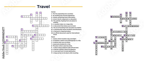 Crossword puzzle for adults featuring travel-themed words and clues  
