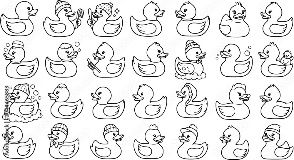 Fototapeta premium Black and White Line Art Rubber Ducks Collection, Cute Bathroom Toys, Vector Icons