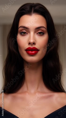 Sultry red lips beauty portrait with glamorous neutral makeup