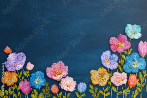 Multi color flowers on blue chalk board generated.AI