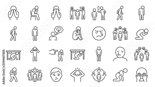 Depression and mental health concept icons linear monochrome isolated set