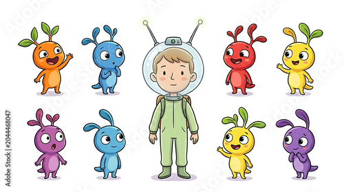 Colorful Cartoon Monster Characters Surrounding Happy Figure in Playful Illustration Style