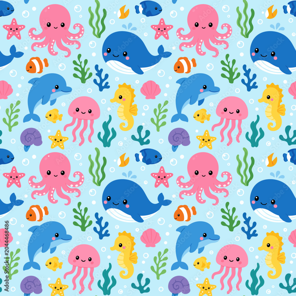 Fototapeta premium Cute cartoon sea creatures and ocean life pattern for kids